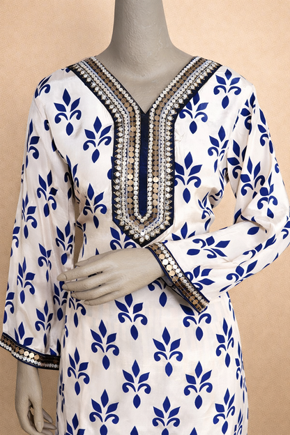 Blue & White Printed Cord Set with Striped Pants