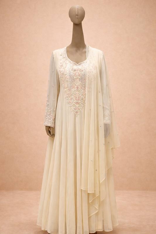 Elegant Off-White Embroidered Anarkali Set with Dupatta