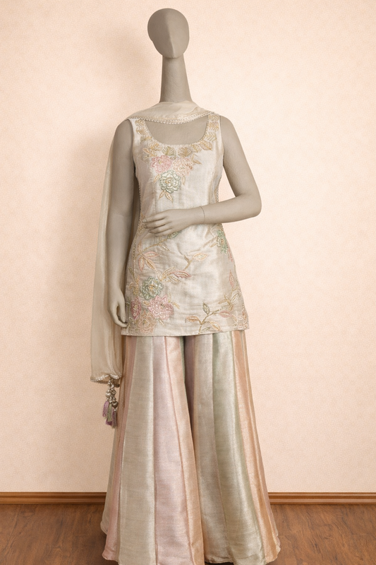 Elegant Pastel Tissue Embroidered Kurta Set