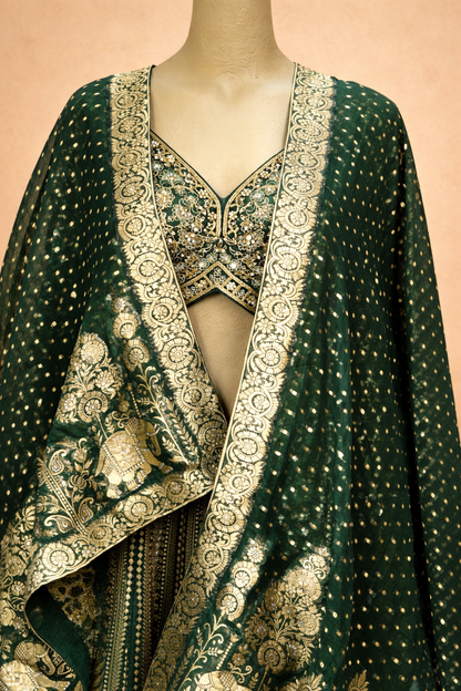 Bottle Green Heritage Printed Lehenga Set