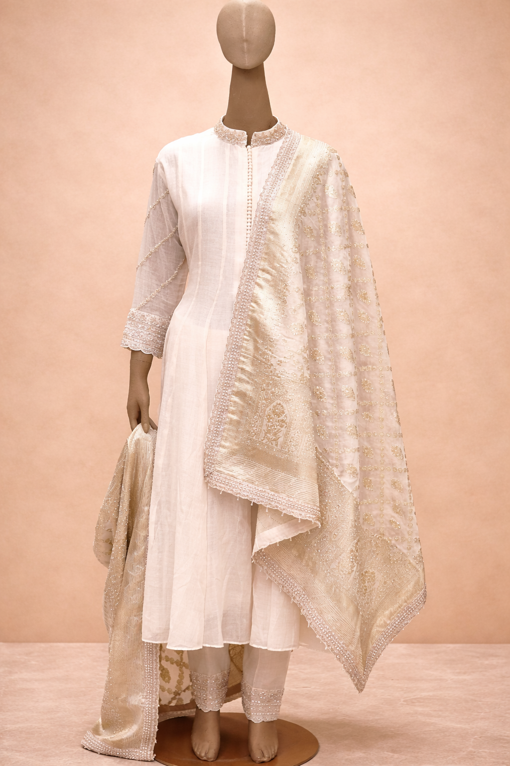 Ivory Elegance Embroidered Kurta Set with Gold Dupatta