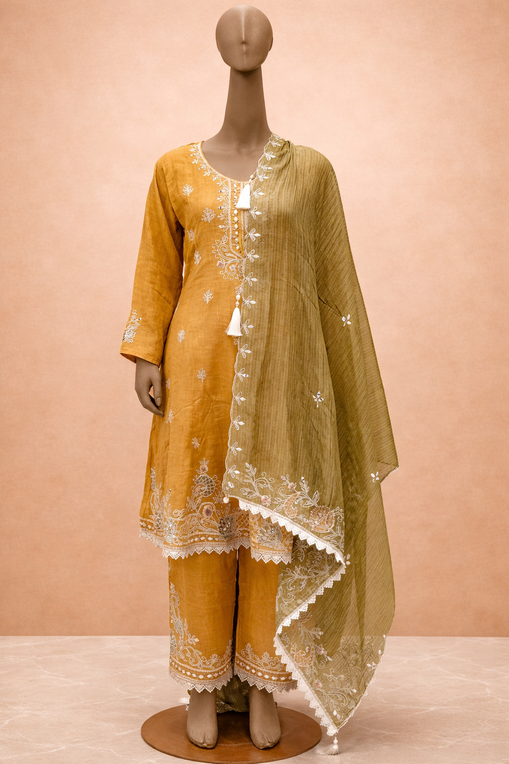 Mustard Yellow & Olive Green Embroidered Kurta Set with Dupatta
