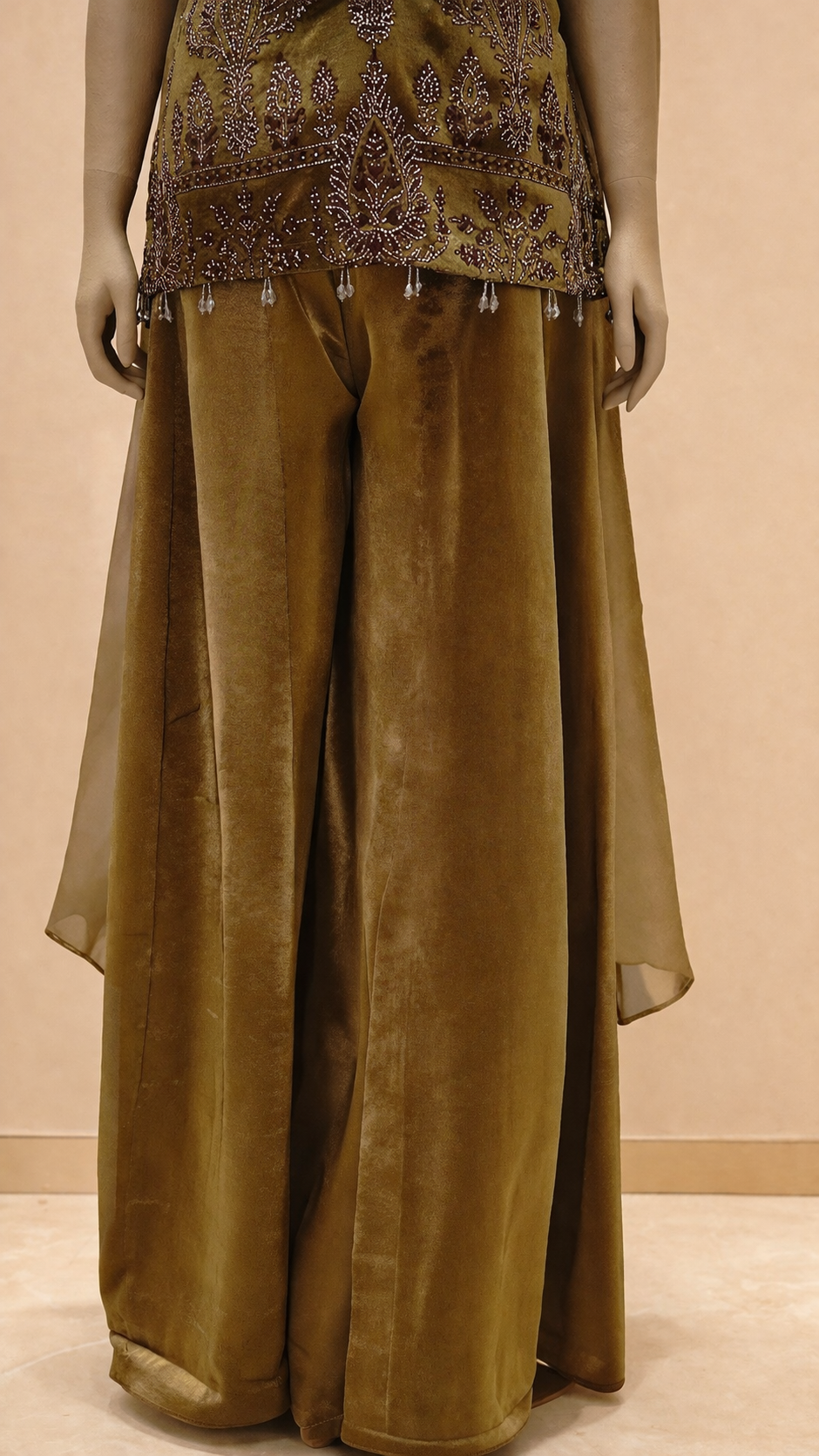 Olive Gold Embroidered Kurta with Velvet Palazzo Set