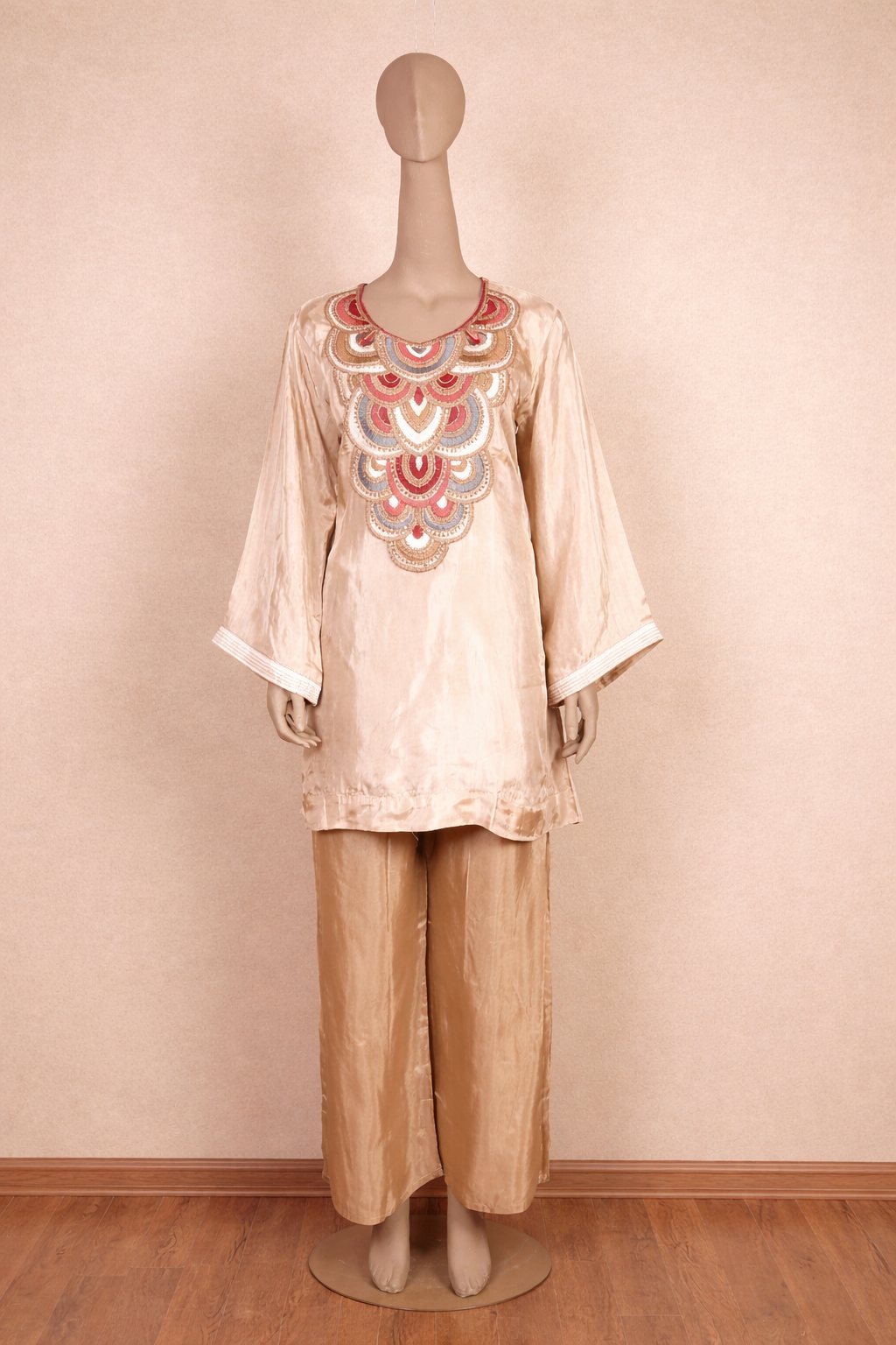 Elegant Embroidered Beige Cord Set