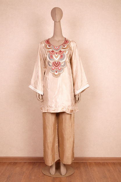 Elegant Embroidered Beige Cord Set