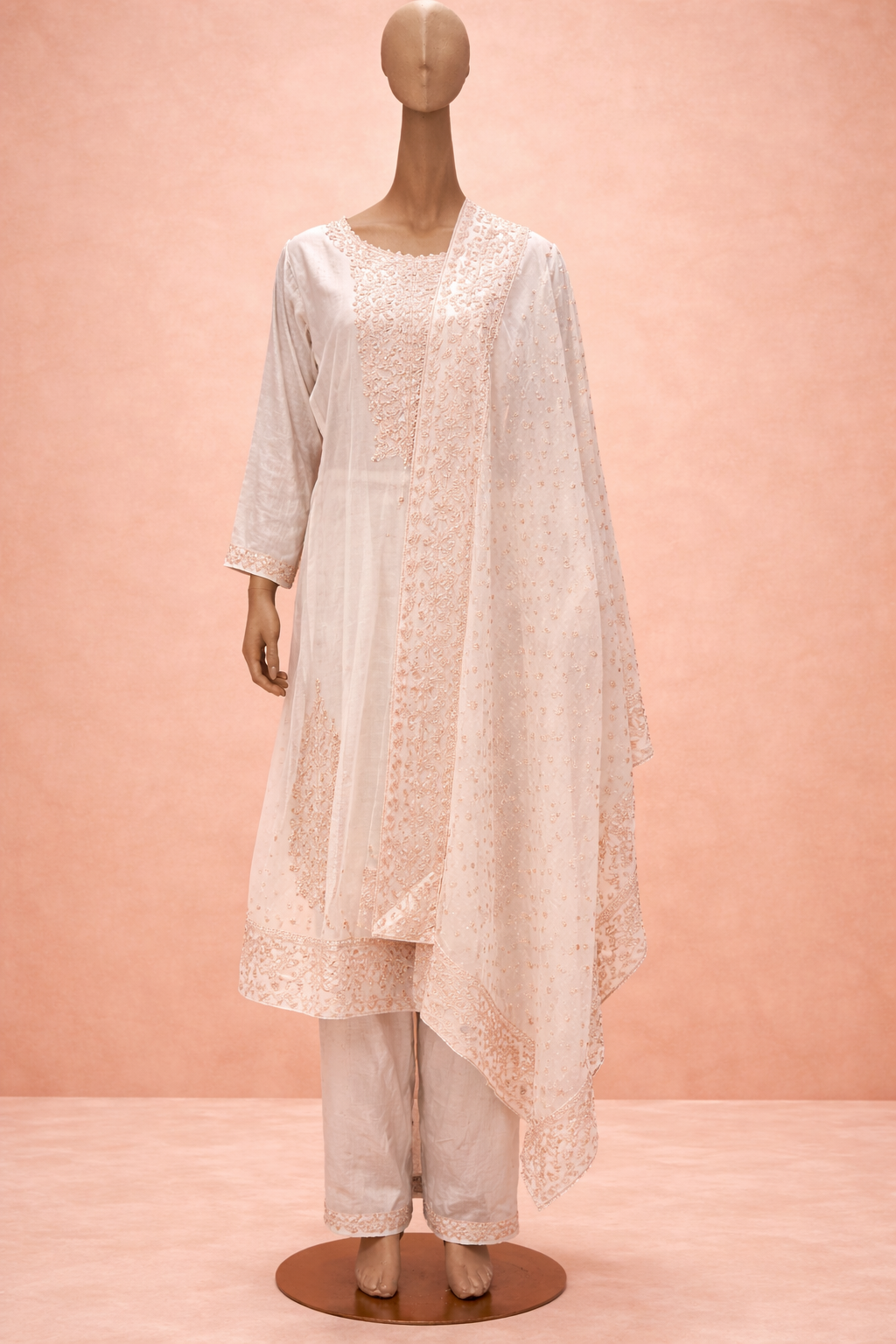 Elegant White & Blush Embroidered Kurta Set with Dupatta