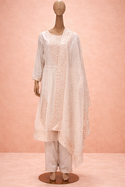 Elegant White & Blush Embroidered Kurta Set with Dupatta