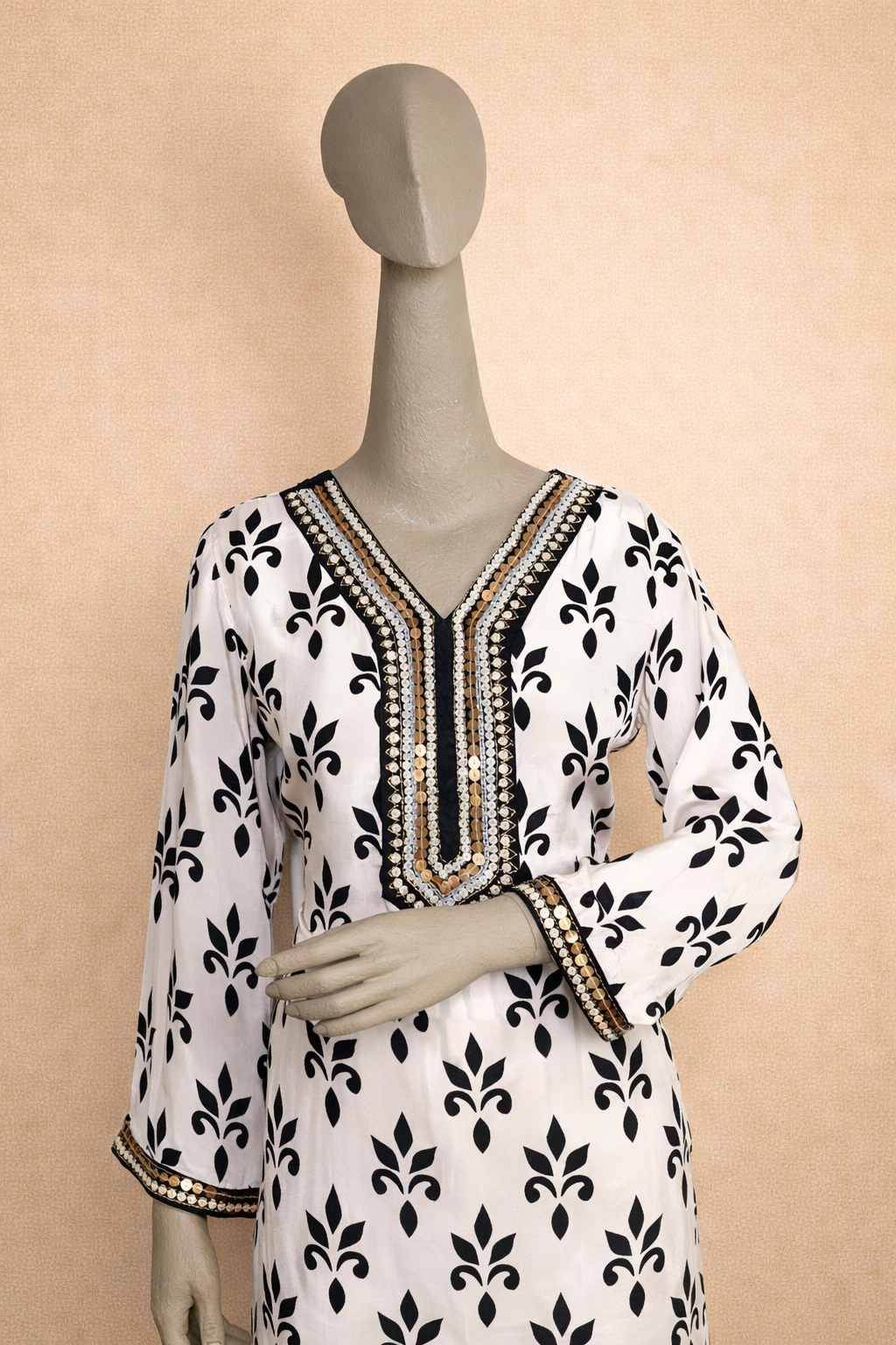 Black & White Printed Cord Set with striped Pant