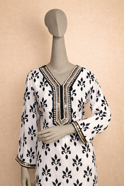 Black & White Printed Cord Set with striped Pant