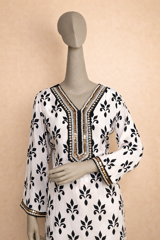 Black & White Printed Cord Set with striped Pant