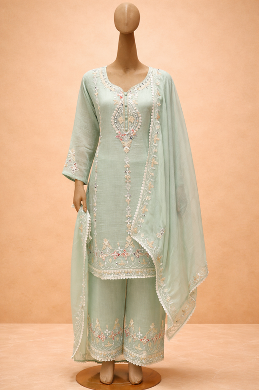 Mint Green Embroidered Kurta Set with Dupatta