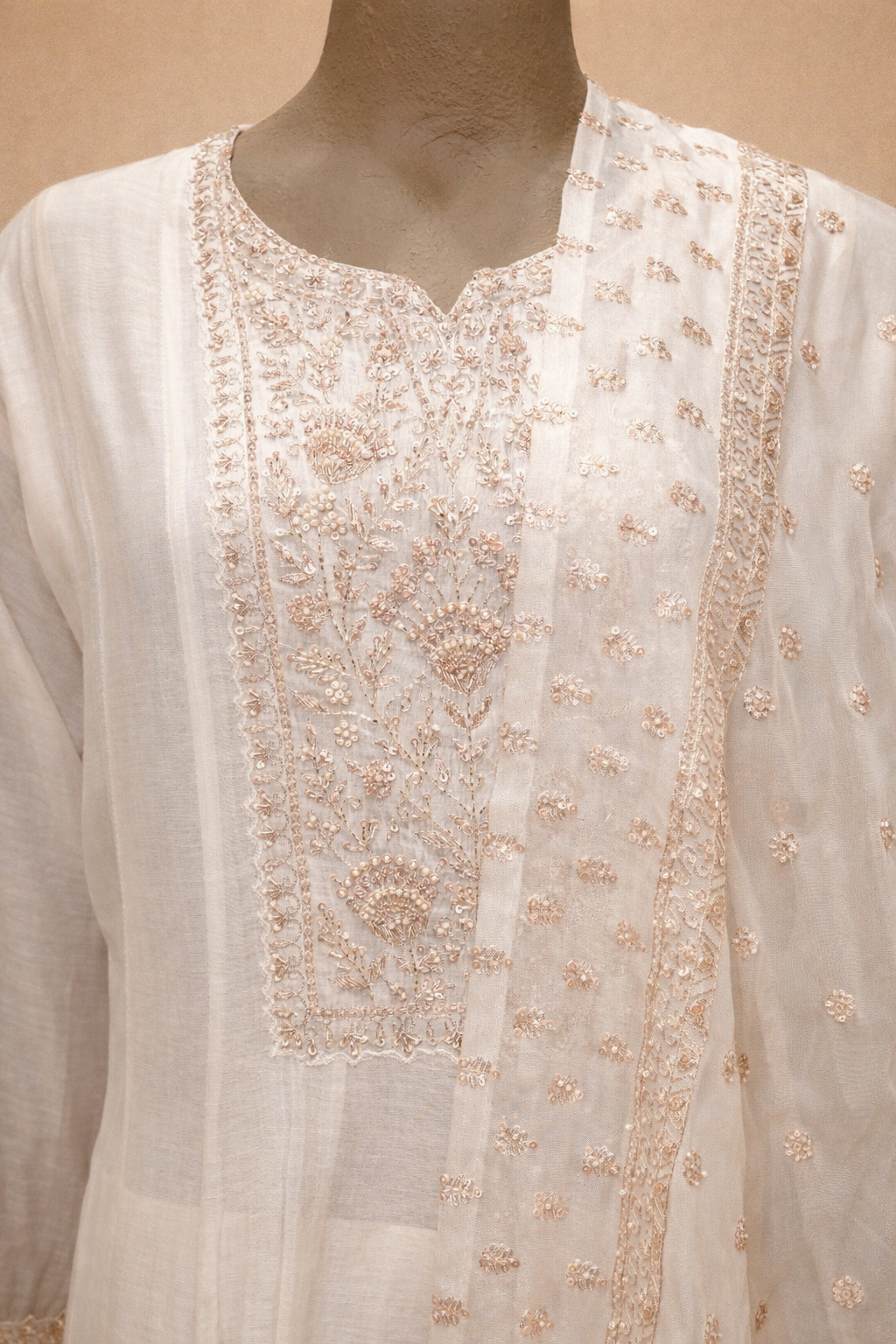 Elegant White & Blush Embroidered Kurta Set with Dupatta