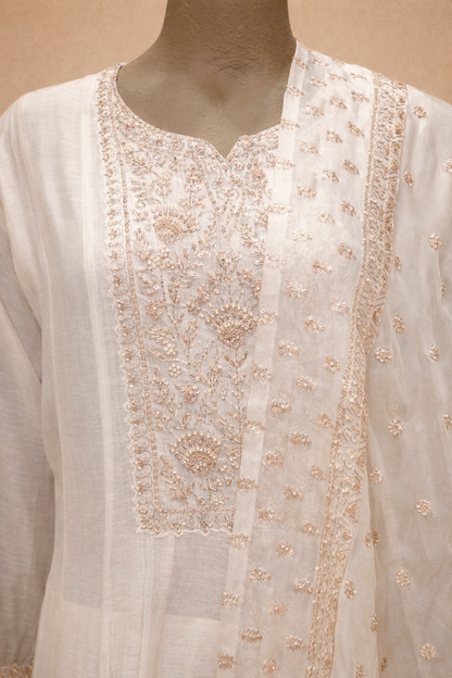 Elegant White & Blush Embroidered Kurta Set with Dupatta
