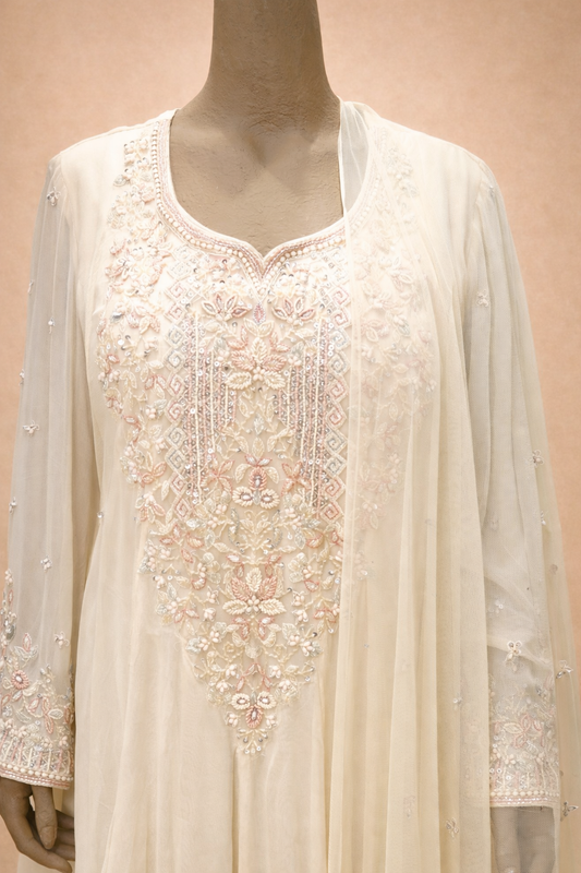 Elegant Off-White Embroidered Anarkali Set with Dupatta