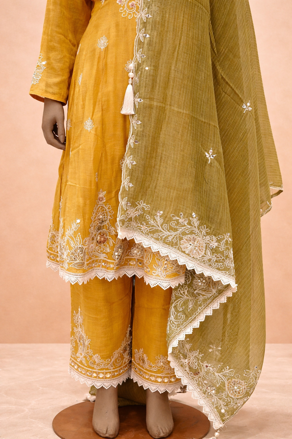 Mustard Yellow & Olive Green Embroidered Kurta Set with Dupatta