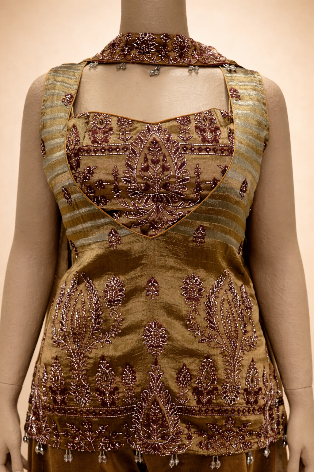 Olive Gold Embroidered Kurta with Velvet Palazzo Set