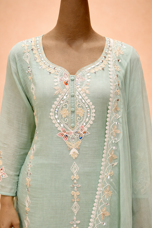 Mint Green Embroidered Kurta Set with Dupatta