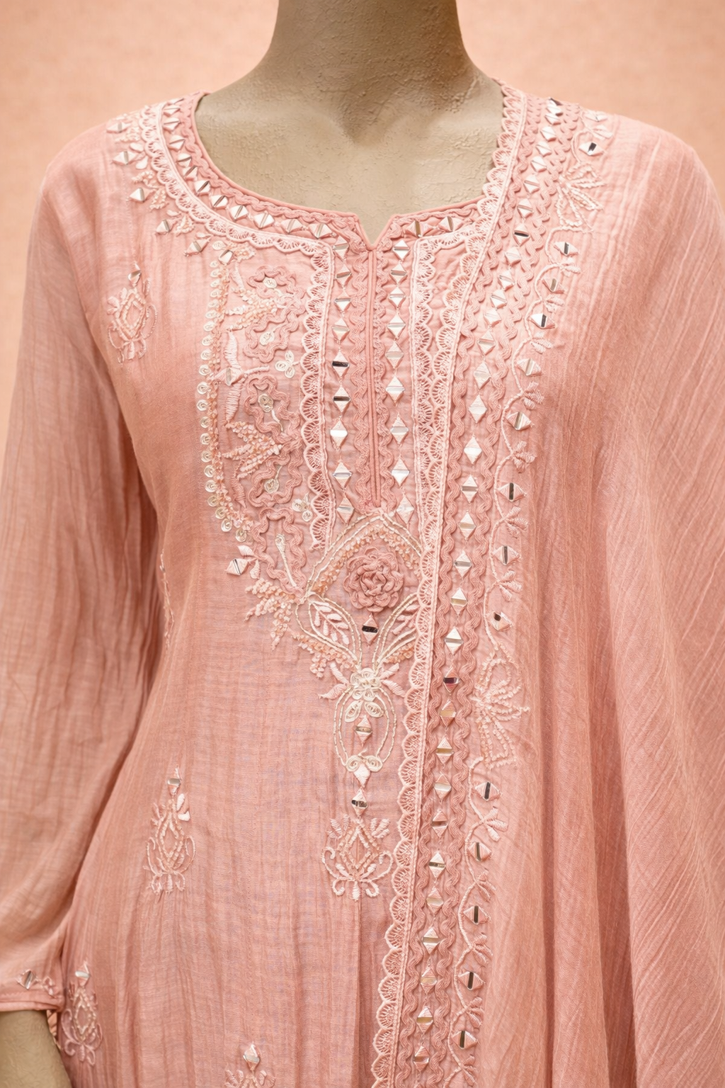 Dusty Peach Embroidered Kurta Set with Dupatta