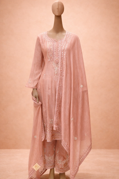 Dusty Peach Embroidered Kurta Set with Dupatta