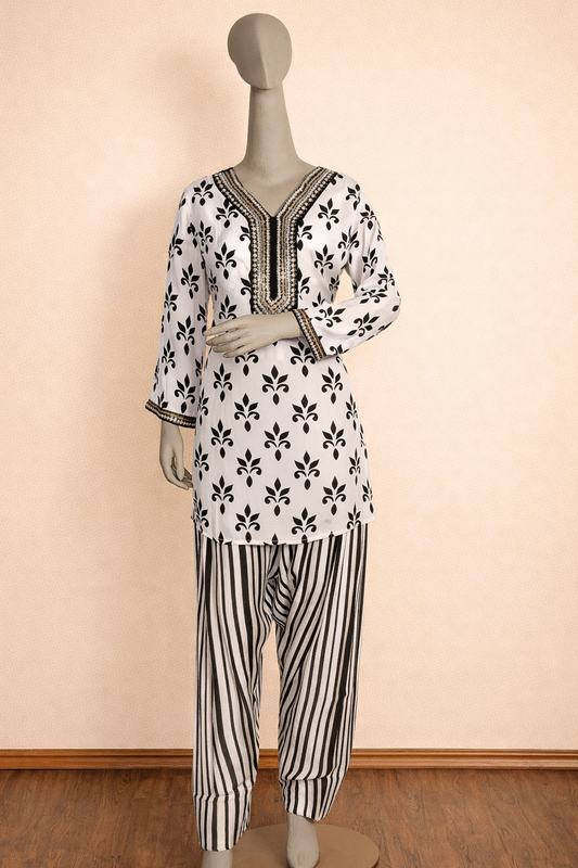 Black & White Printed Cord Set with striped Pant