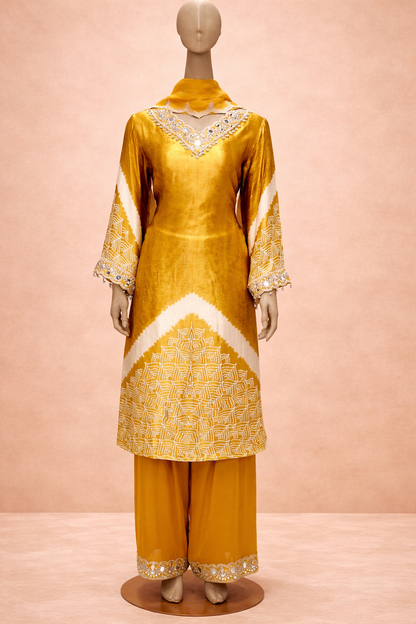 Mustard Tie-Dye Embroidered Kurta Set
