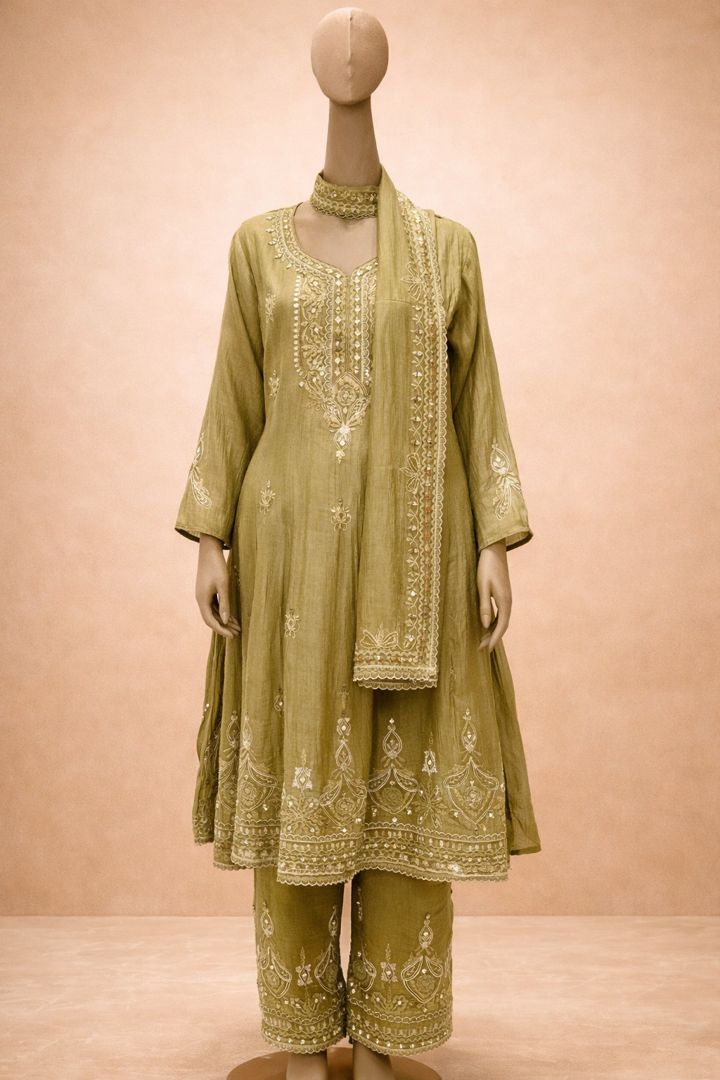 Olive Green Embroidered Kurta Set with Dupatta