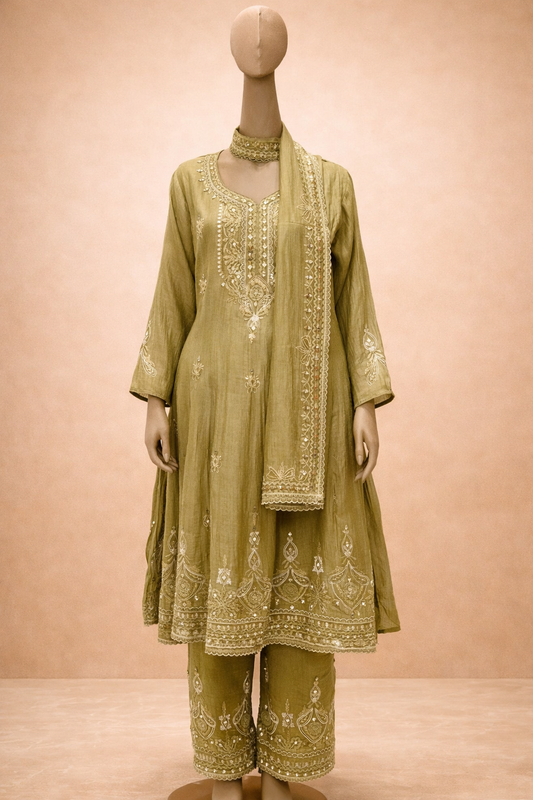 Olive Green Embroidered Kurta Set with Dupatta