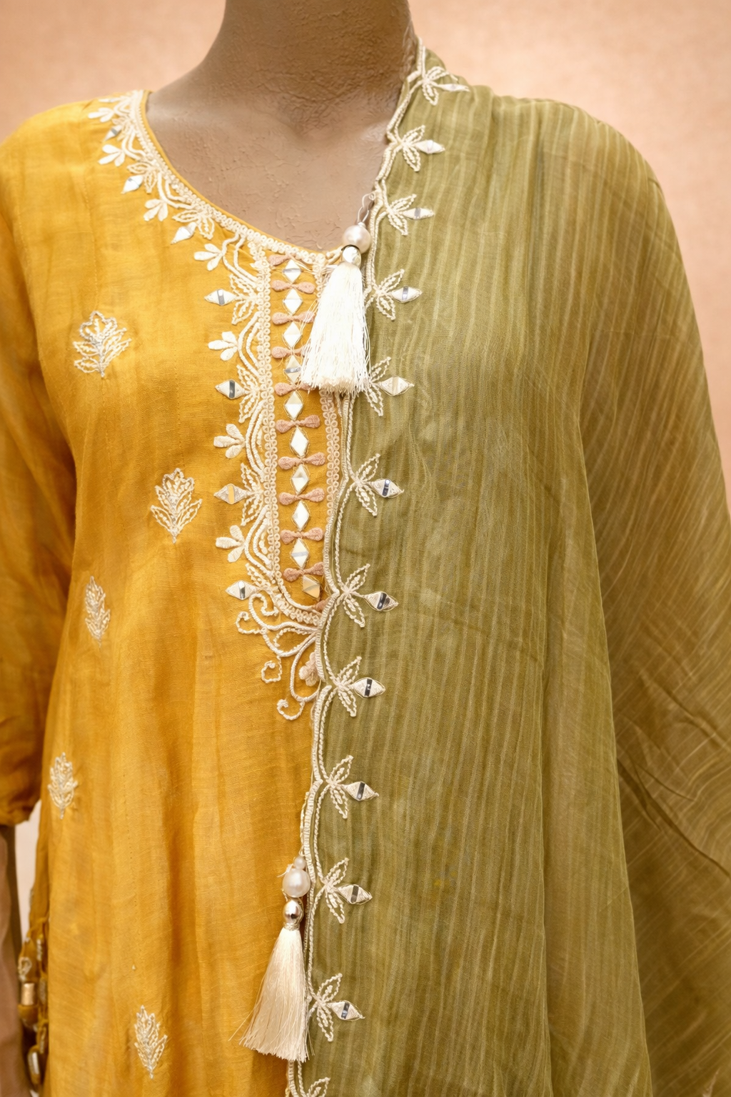Mustard Yellow & Olive Green Embroidered Kurta Set with Dupatta