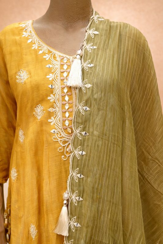 Mustard Yellow & Olive Green Embroidered Kurta Set with Dupatta