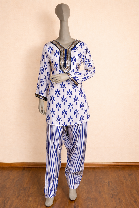 Blue & White Printed Cord Set with Striped Pants