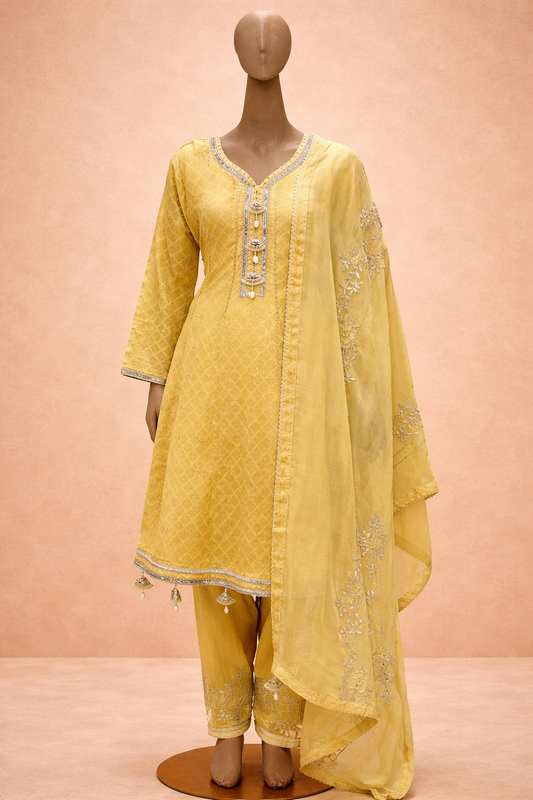 Mustard Yellow Embroidered Kurta Set with Dupatta